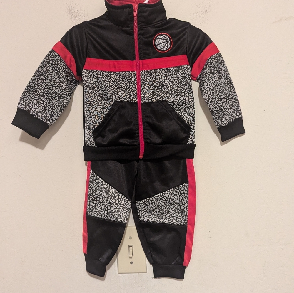 Quad Seven Track Suit Black Red And Grey With A Basketball Size 12 Months